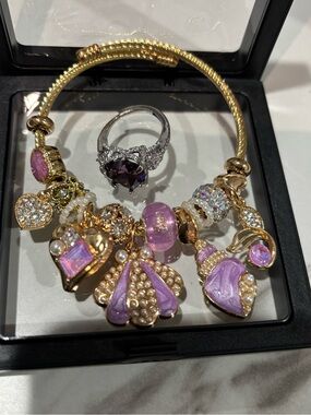 Gold Pink and Purple Charm Bracelet w Heart Ring